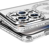 iPhone 15 Pro Shockproof Clear Luxury Magnetic Diamond Glitter Case - Silver