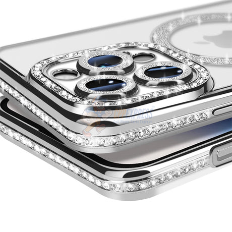 iPhone 15 Pro Shockproof Clear Luxury Magnetic Diamond Glitter Case - Silver