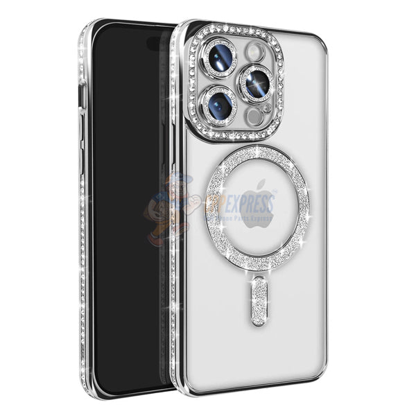 iPhone 15 Pro Shockproof Clear Luxury Magnetic Diamond Glitter Case - Silver