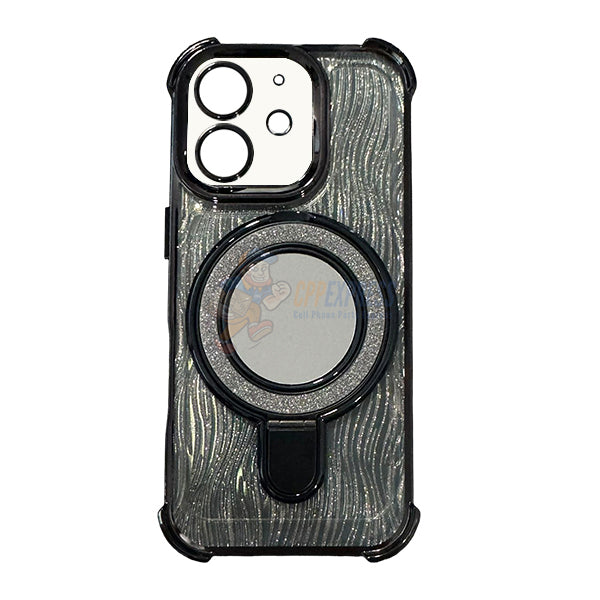iPhone 16 Plus Shockproof Stand Glitter & Wavy Pattern Card Magsafe Case