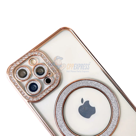 iPhone 16 Pro Max Shockproof Clear Luxury Magnetic Diamond Glitter Case - Gold