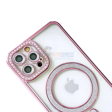 iPhone 16 Pro Max Shockproof Clear Luxury Magnetic Diamond Glitter Case - Pink