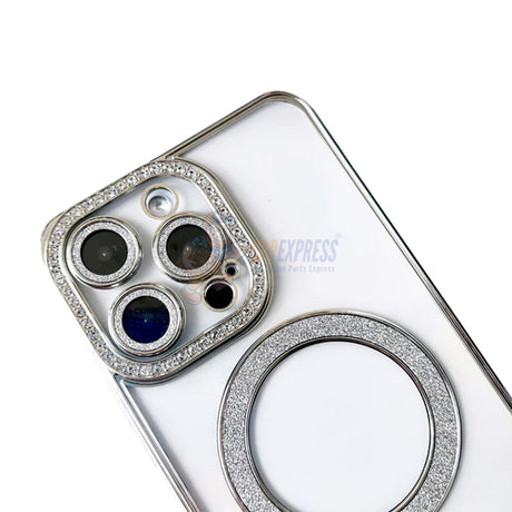 iPhone 16 Pro Max Shockproof Clear Luxury Magnetic Diamond Glitter Case - Silver