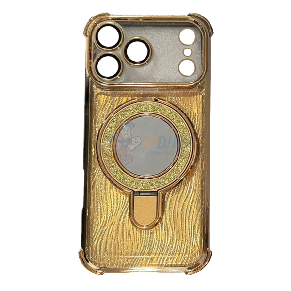 iPhone 17 Pro Max Glitter Wavy Pattern Mirror Case with Stand ShockProof Cover