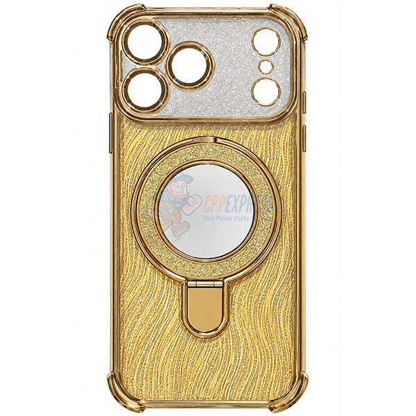 iPhone 18 Pro Max Glitter Wavy Pattern Mirror Case with Stand ShockProof Cover